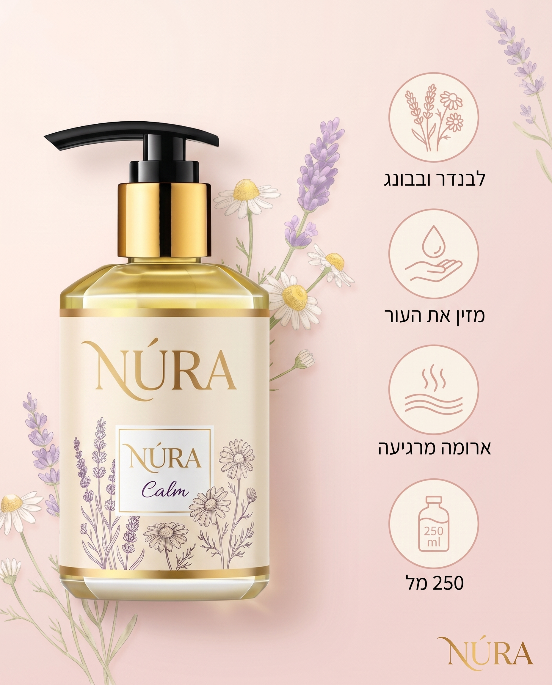NÚRA Calm™ — שמן עיסוי ארומטי לבנדר ובבונג