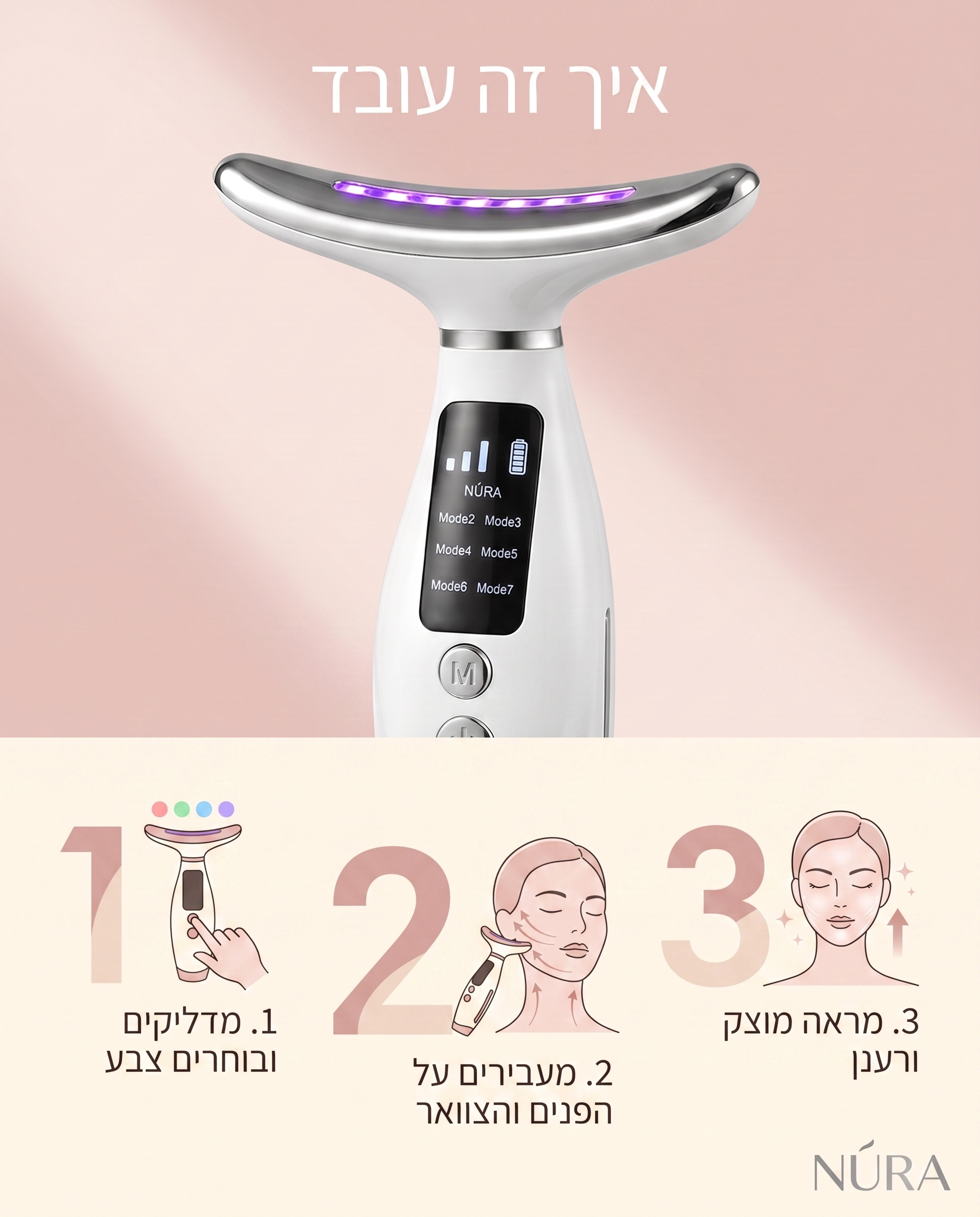 NÚRA Aura™ — מכשיר עיסוי LED לפנים ולצוואר