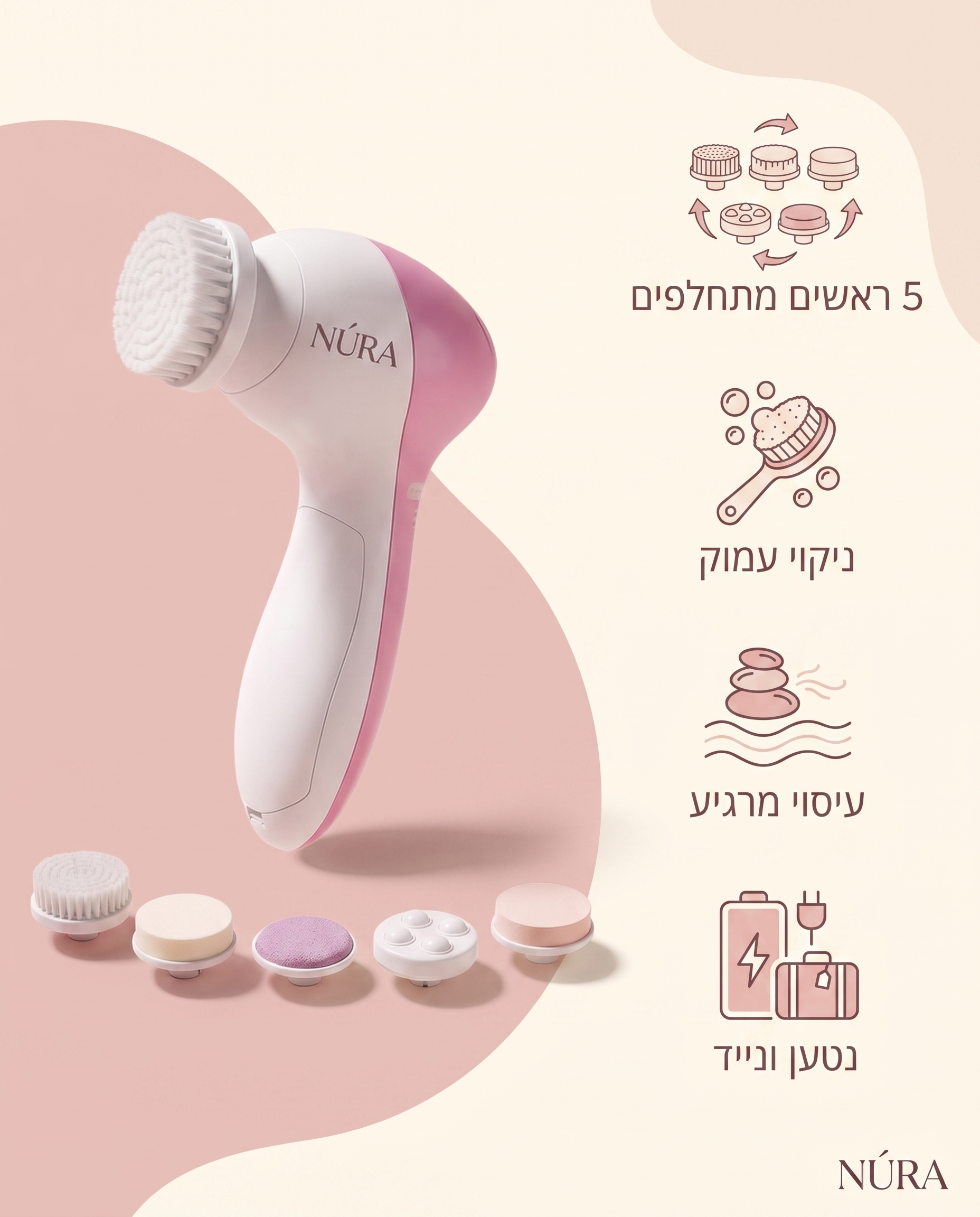 NÚRA Spa™ — מברשת ניקוי פנים חשמלית 5 ב-1